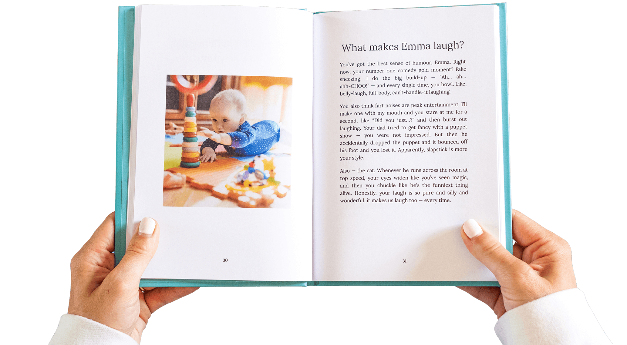 An open memory book showing a printed question, a written answer and a photograph